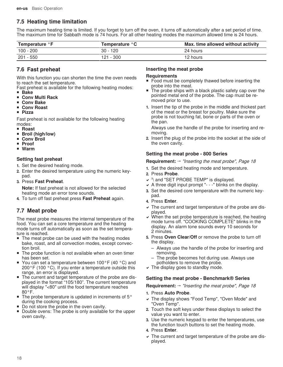5 heating time limitation, 6 fast preheat, 1 setting fast preheat | 7 meat probe, 1 inserting the meat probe, 2 setting the meat probe - 800 series, 3 setting the meat probe - benchmark® series | Bosch 500 Series 30 Inch Double Speed Combination Electric Wall Oven Use and Care Manual User Manual | Page 18 / 96