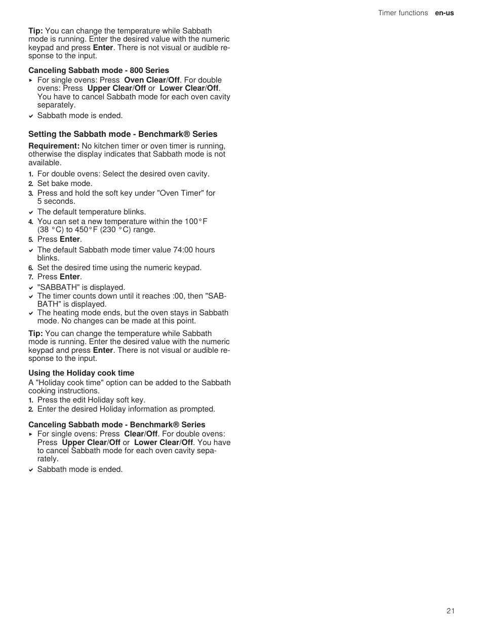 1 canceling sabbath mode - 800 series, 3 setting the sabbath mode - benchmark® series, 1 using the holiday cook time | 2 canceling sabbath mode - benchmark® series | Bosch 500 Series 30 Inch Double Speed Combination Electric Wall Oven Use and Care Manual User Manual | Page 21 / 96