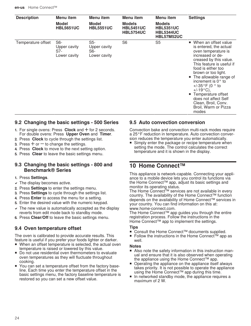 2 changing the basic settings - 500 series, 4 oven temperature offset, 5 auto convection conversion | 10 home connect | Bosch 500 Series 30 Inch Double Speed Combination Electric Wall Oven Use and Care Manual User Manual | Page 24 / 96