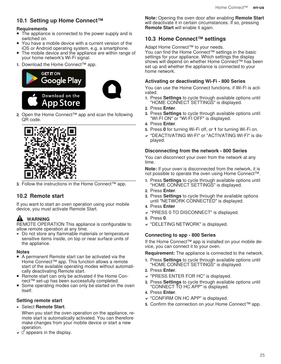 1 setting up home connect, 2 remote start, 1 setting remote start | 3 home connect™ settings, 1 activating or deactivating wi-fi - 800 series, 2 disconnecting from the network - 800 series, 3 connecting to app - 800 series | Bosch 500 Series 30 Inch Double Speed Combination Electric Wall Oven Use and Care Manual User Manual | Page 25 / 96