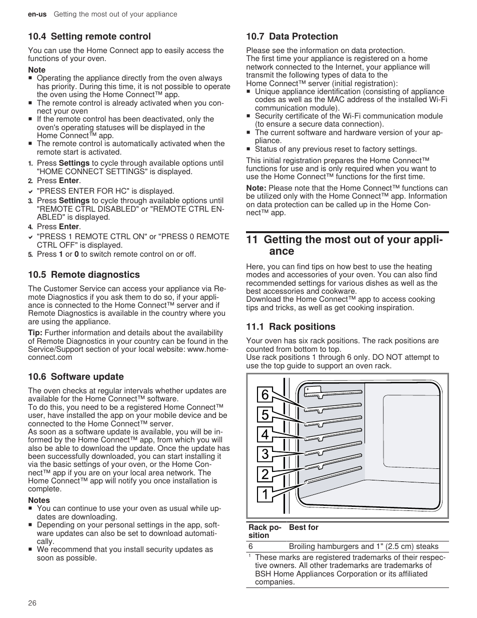 4 setting remote control, 5 remote diagnostics, 6 software update | 7 data protection, 11 getting the most out of your appliance, 1 rack positions, Rack position, 11 getting the most out of your appli- ance | Bosch 500 Series 30 Inch Double Speed Combination Electric Wall Oven Use and Care Manual User Manual | Page 26 / 96