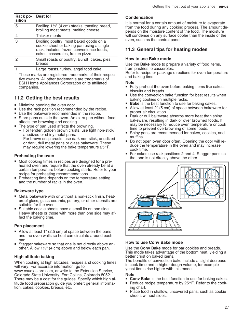 2 getting the best results, 1 preheating the oven, 2 bakeware type | 3 pan placement, 4 high altitude baking, 5 condensation, 3 general tips for heating modes, 1 how to use bake mode, 2 how to use conv bake mode | Bosch 500 Series 30 Inch Double Speed Combination Electric Wall Oven Use and Care Manual User Manual | Page 27 / 96