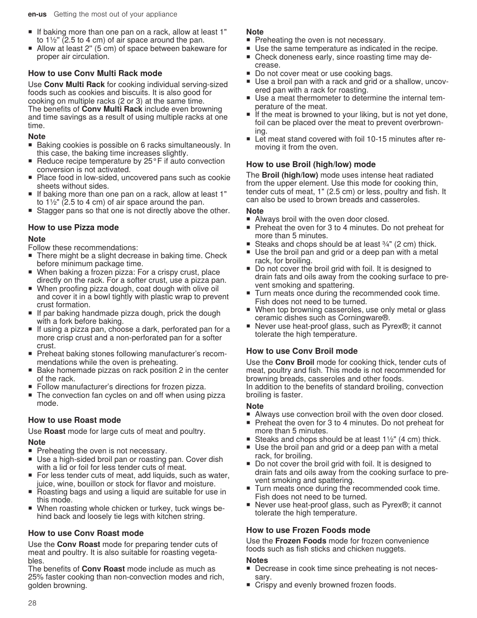 3 how to use conv multi rack mode, 4 how to use pizza mode, 5 how to use roast mode | 6 how to use conv roast mode, 7 how to use broil (high/low) mode, 8 how to use conv broil mode, 9 how to use frozen foods mode | Bosch 500 Series 30 Inch Double Speed Combination Electric Wall Oven Use and Care Manual User Manual | Page 28 / 96
