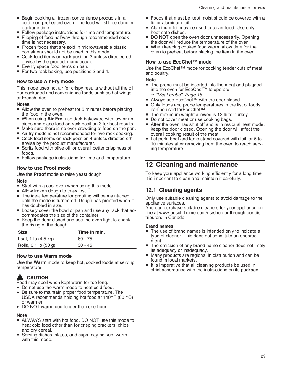 10 how to use air fry mode, 11 how to use proof mode, 12 how to use warm mode | 13 how to use ecochef™ mode, 12 cleaning and maintenance, 1 cleaning agents | Bosch 500 Series 30 Inch Double Speed Combination Electric Wall Oven Use and Care Manual User Manual | Page 29 / 96