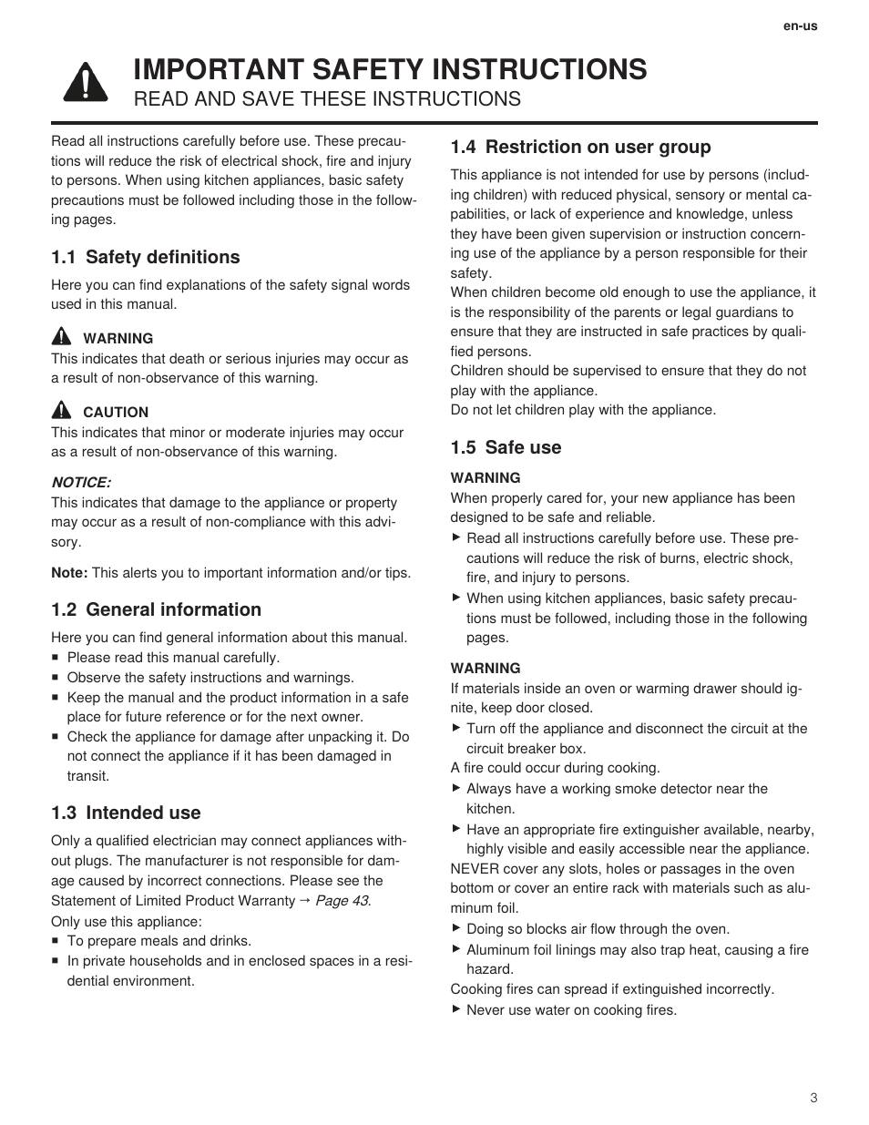 1 important safety instructions, 1 safety definitions, 2 general information | 3 intended use, 4 restriction on user group, 5 safe use, Important safety instructions, Read and save these instructions | Bosch 500 Series 30 Inch Double Speed Combination Electric Wall Oven Use and Care Manual User Manual | Page 3 / 96