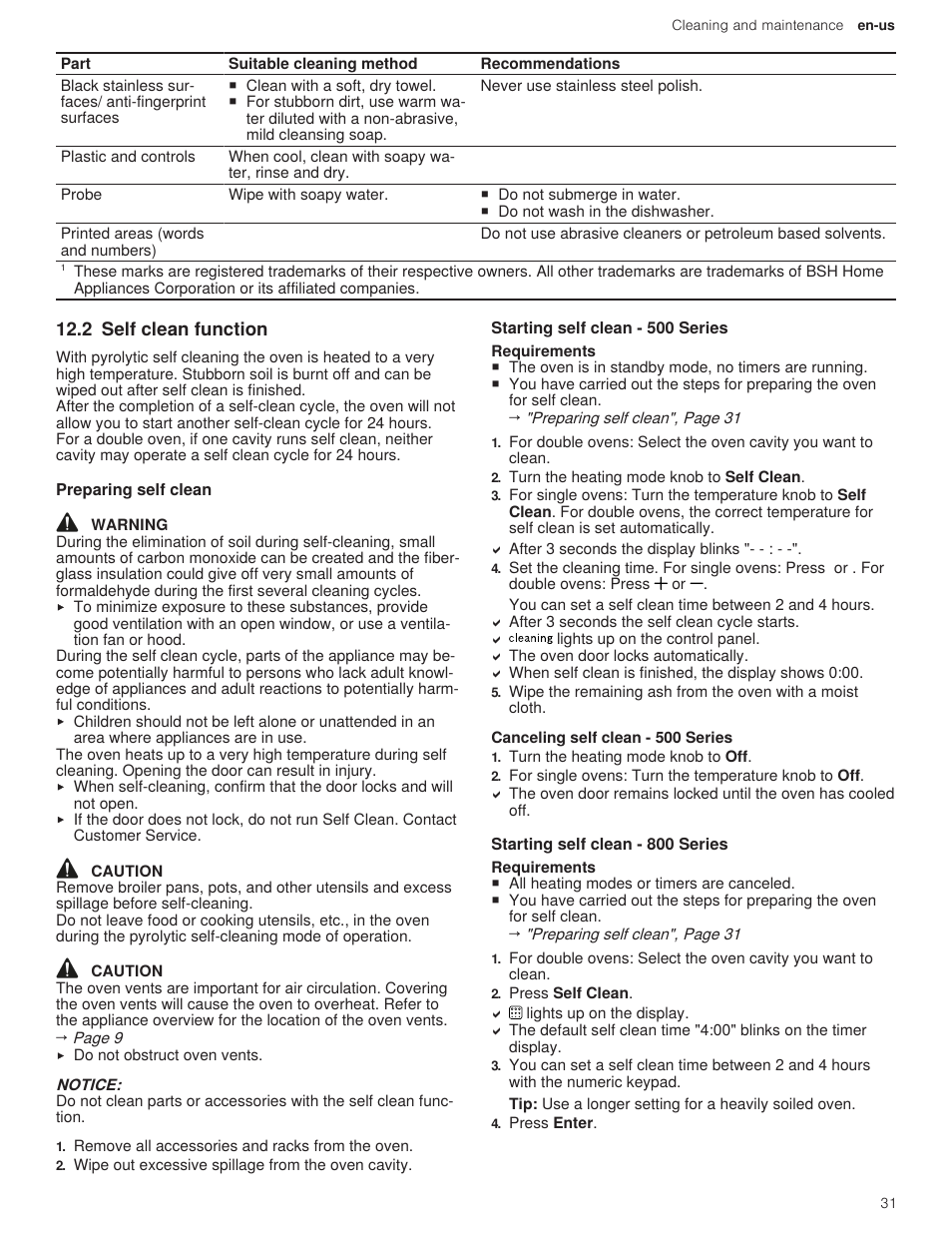 2 self clean function, 1 preparing self clean, 2 starting self clean - 500 series | 1 canceling self clean - 500 series, 3 starting self clean - 800 series | Bosch 500 Series 30 Inch Double Speed Combination Electric Wall Oven Use and Care Manual User Manual | Page 31 / 96