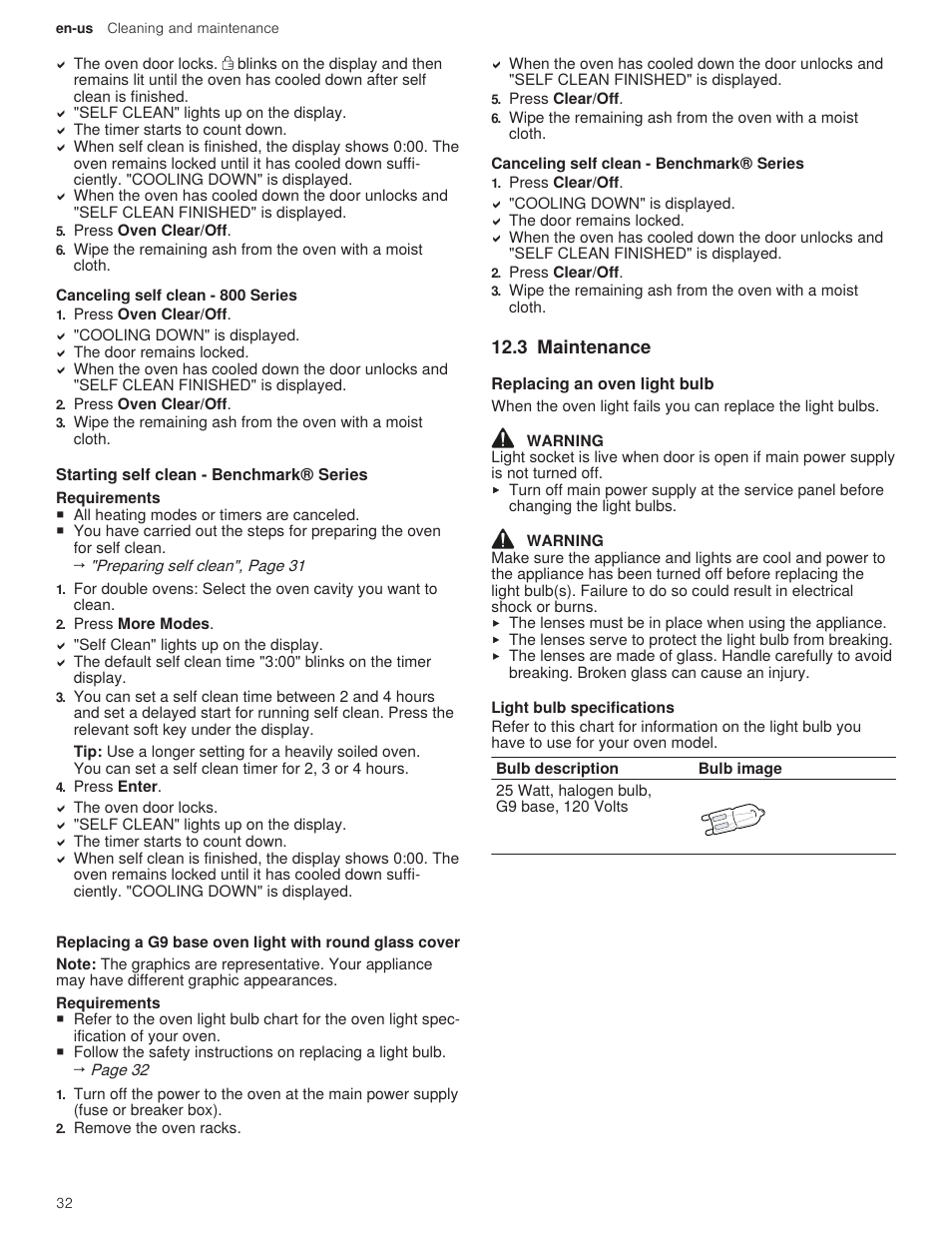 1 canceling self clean - 800 series, 4 starting self clean - benchmark® series, 1 canceling self clean - benchmark® series | 3 maintenance, 1 replacing an oven light bulb, 1 light bulb specifications | Bosch 500 Series 30 Inch Double Speed Combination Electric Wall Oven Use and Care Manual User Manual | Page 32 / 96