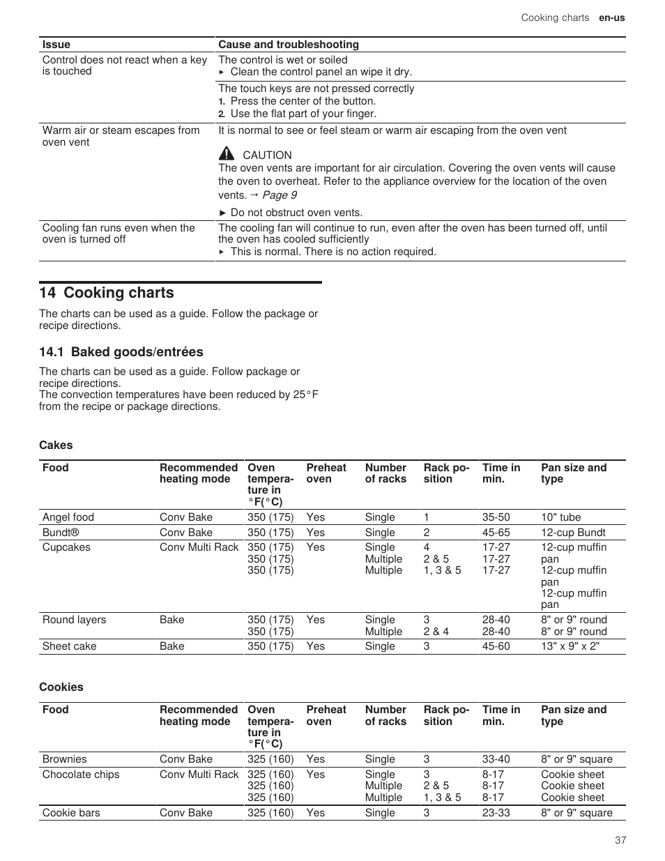 14 cooking charts, 1 baked goods/entrées, 1 cakes | 2 cookies | Bosch 500 Series 30 Inch Double Speed Combination Electric Wall Oven Use and Care Manual User Manual | Page 37 / 96