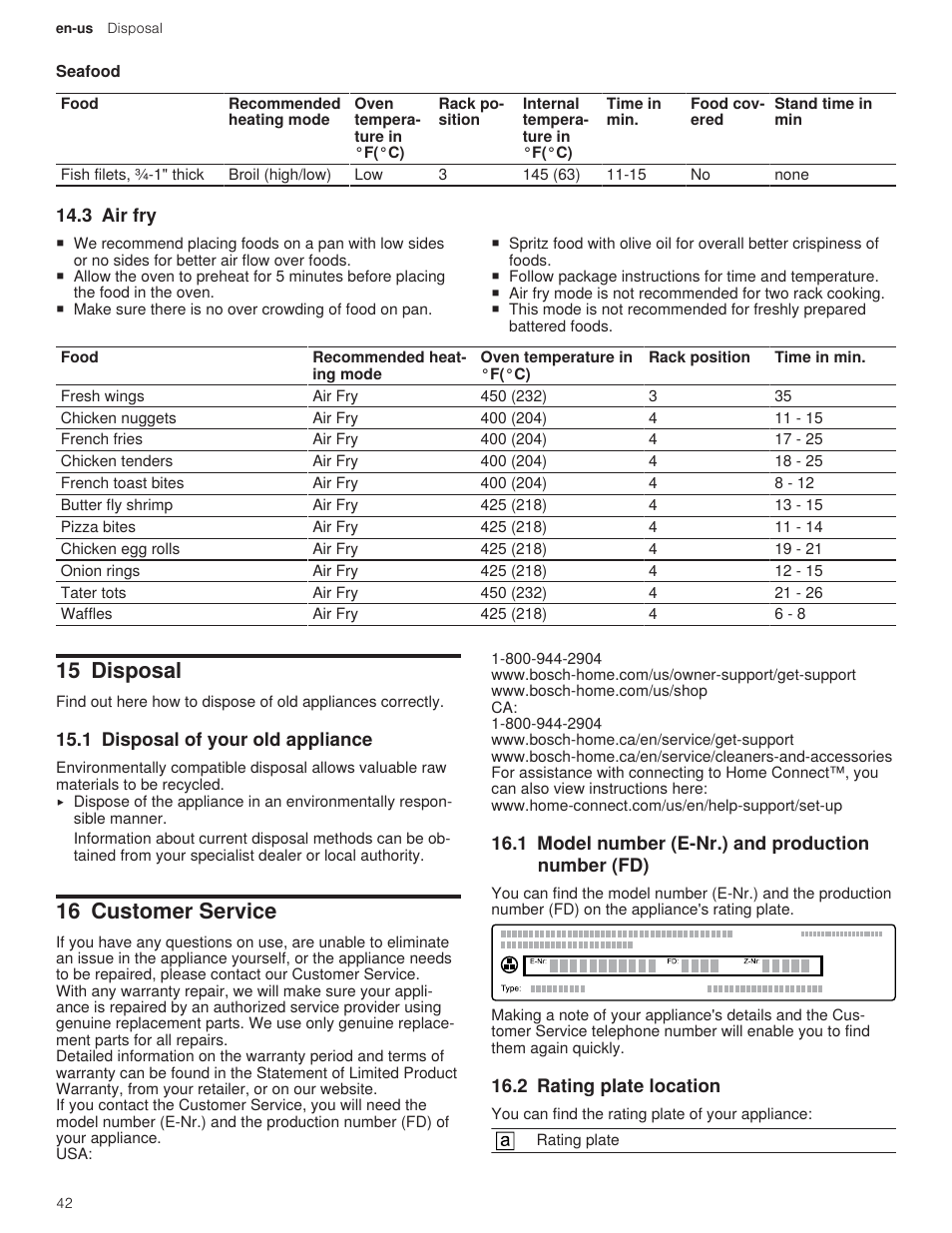 5 seafood, 3 air fry, 15 disposal | 1 disposal of your old appliance, 16 customer service, 1 model number (e-nr.) and production number (fd), 2 rating plate location | Bosch 500 Series 30 Inch Double Speed Combination Electric Wall Oven Use and Care Manual User Manual | Page 42 / 96