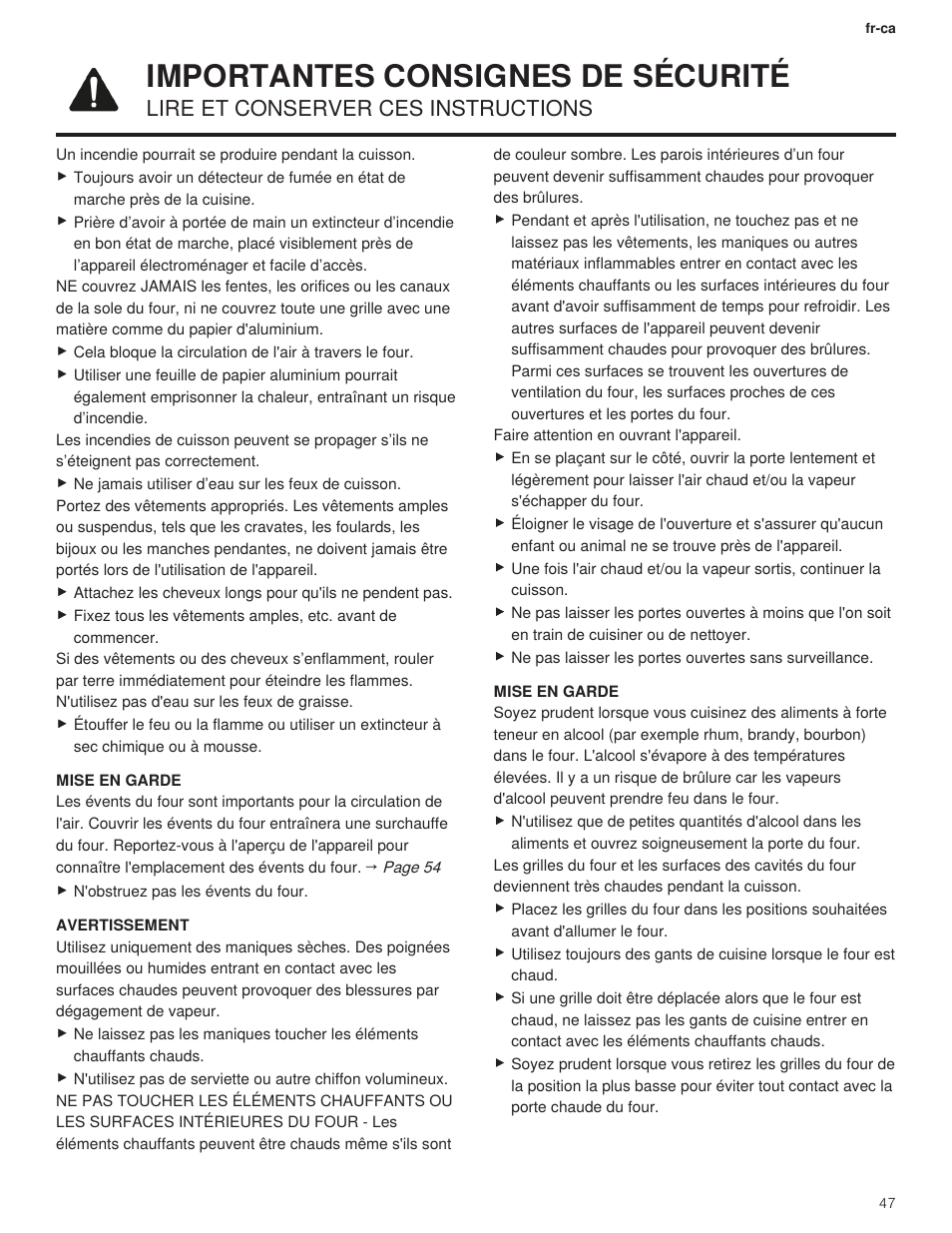 Importantes consignes de sécurité, Lire et conserver ces instructions | Bosch 500 Series 30 Inch Double Speed Combination Electric Wall Oven Use and Care Manual User Manual | Page 47 / 96