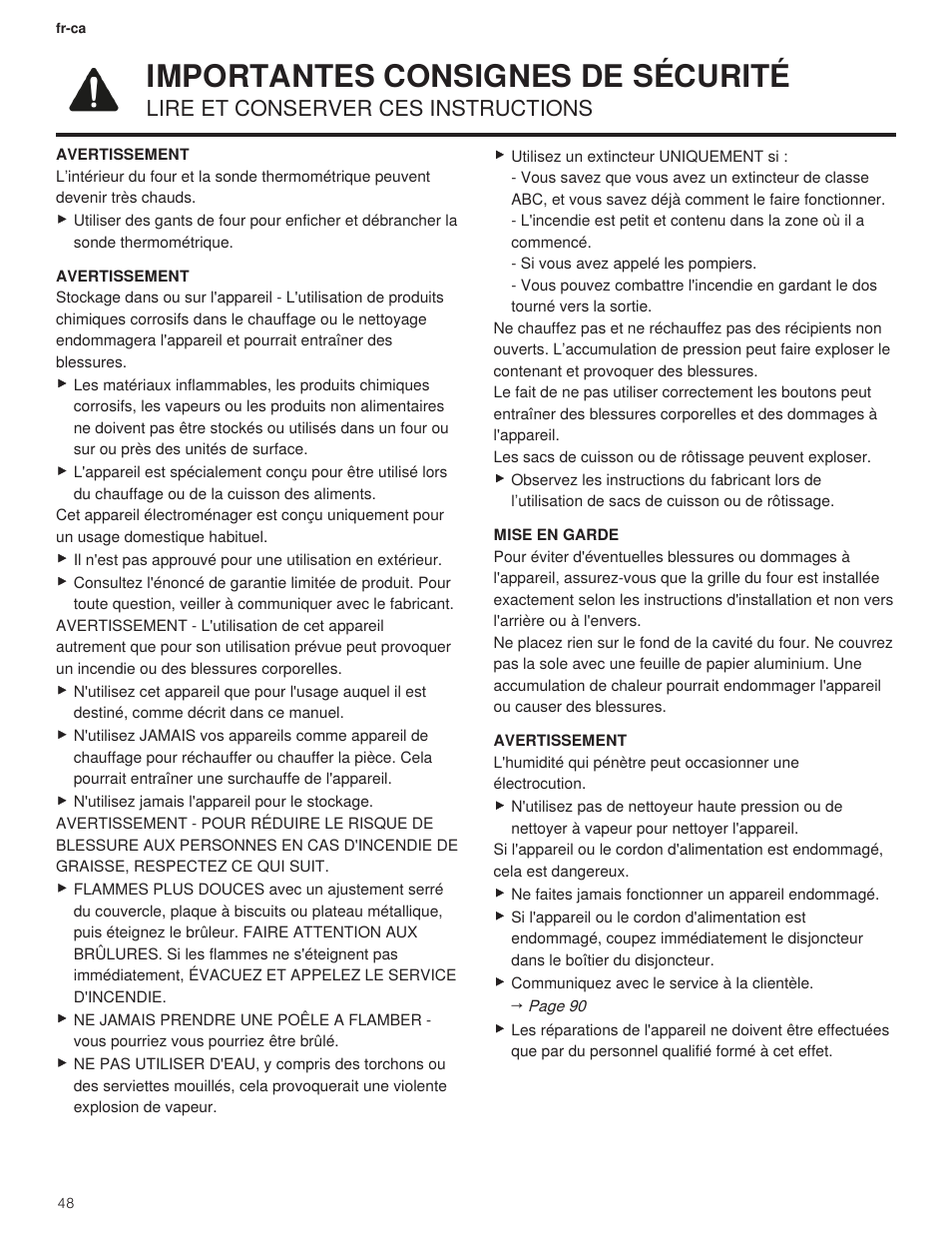 Importantes consignes de sécurité, Lire et conserver ces instructions | Bosch 500 Series 30 Inch Double Speed Combination Electric Wall Oven Use and Care Manual User Manual | Page 48 / 96