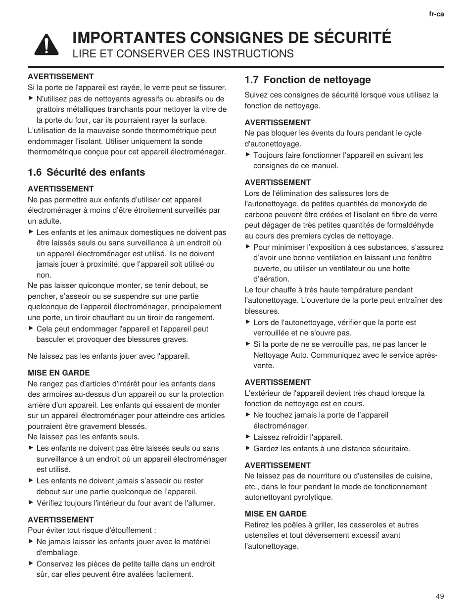 6 sécurité des enfants, 7 fonction de nettoyage, Importantes consignes de sécurité | Lire et conserver ces instructions | Bosch 500 Series 30 Inch Double Speed Combination Electric Wall Oven Use and Care Manual User Manual | Page 49 / 96