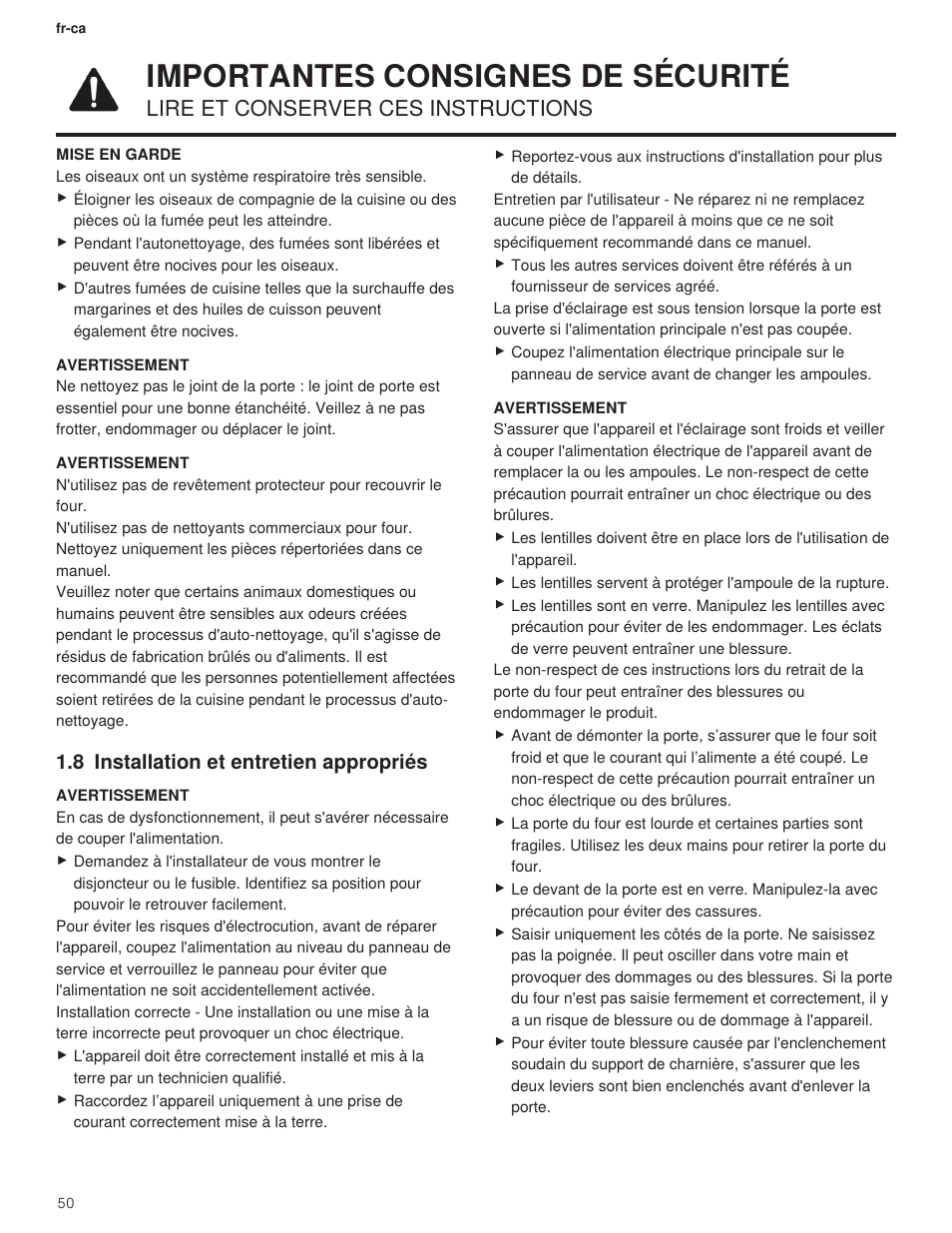 8 installation et entretien appropriés, Importantes consignes de sécurité, Lire et conserver ces instructions | Bosch 500 Series 30 Inch Double Speed Combination Electric Wall Oven Use and Care Manual User Manual | Page 50 / 96