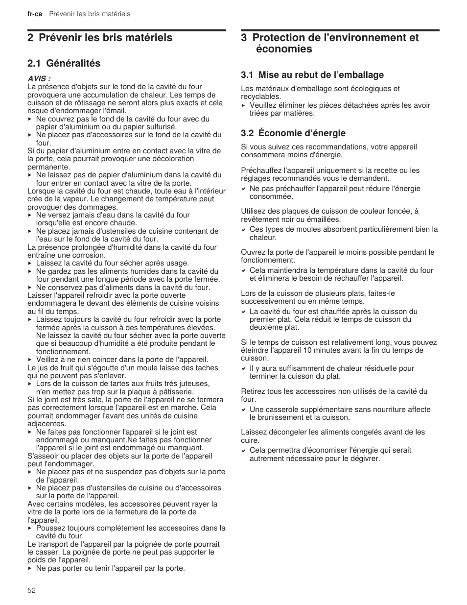 2 prévenir les bris matériels, 1 généralités, 3 protection de l'environnement et économies | 1 mise au rebut de l’emballage, 2 économie d’énergie | Bosch 500 Series 30 Inch Double Speed Combination Electric Wall Oven Use and Care Manual User Manual | Page 52 / 96