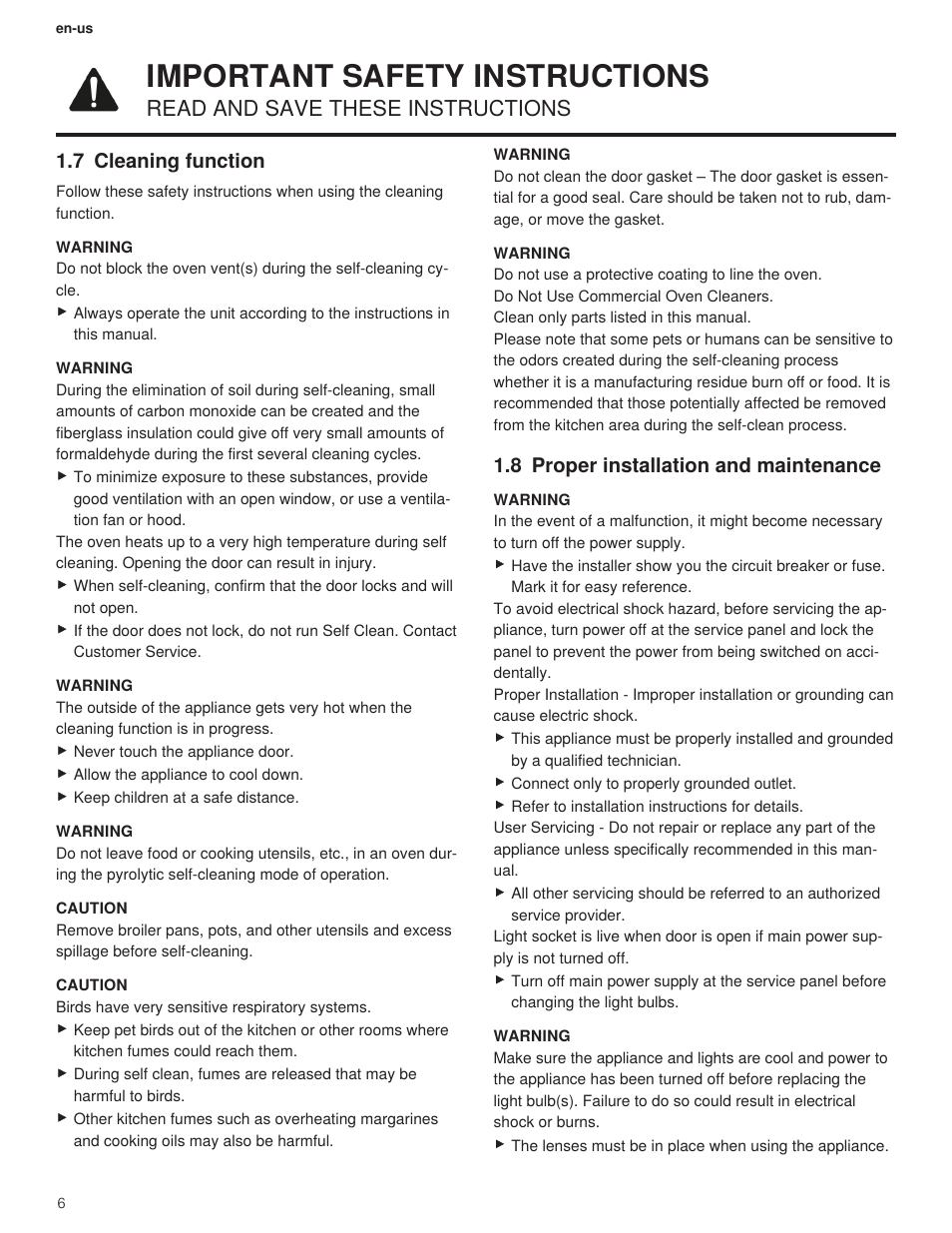 7 cleaning function, 8 proper installation and maintenance, Important safety instructions | Read and save these instructions | Bosch 500 Series 30 Inch Double Speed Combination Electric Wall Oven Use and Care Manual User Manual | Page 6 / 96