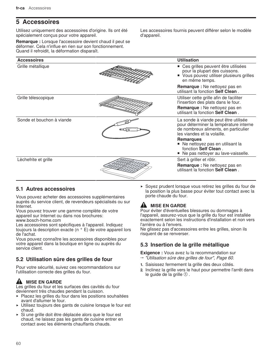 5 accessoires, 1 autres accessoires, 2 utilisation sûre des grilles de four | 3 insertion de la grille métallique | Bosch 500 Series 30 Inch Double Speed Combination Electric Wall Oven Use and Care Manual User Manual | Page 60 / 96