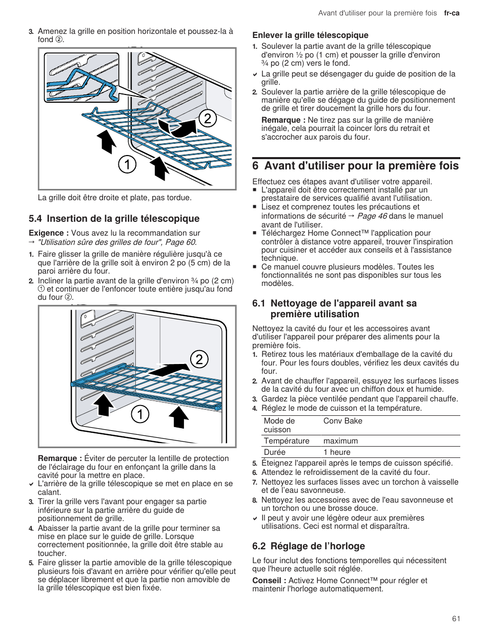 4 insertion de la grille télescopique, 1 enlever la grille télescopique, 6 avant d'utiliser pour la première fois | 2 réglage de l’horloge | Bosch 500 Series 30 Inch Double Speed Combination Electric Wall Oven Use and Care Manual User Manual | Page 61 / 96