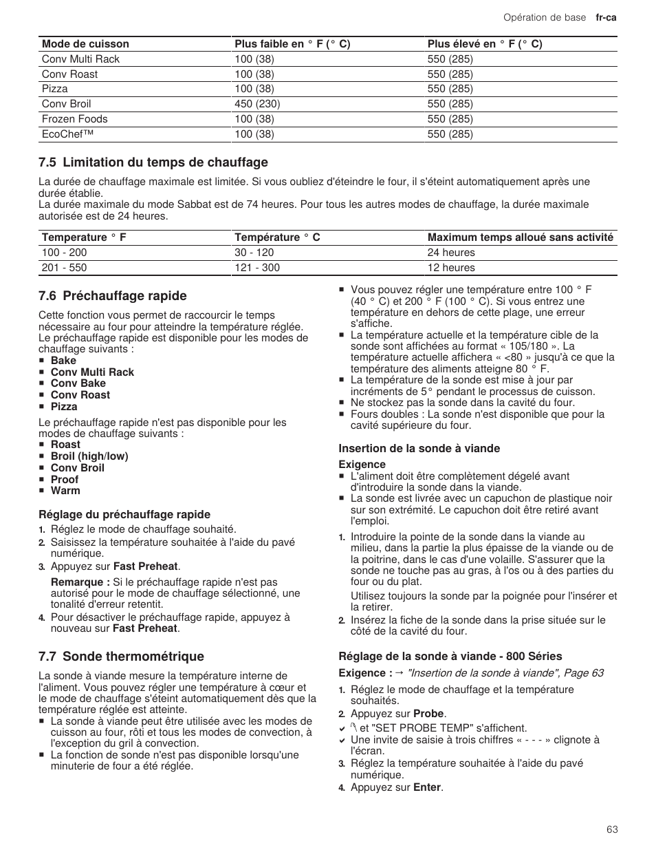 5 limitation du temps de chauffage, 6 préchauffage rapide, 1 réglage du préchauffage rapide | 7 sonde thermométrique, 1 insertion de la sonde à viande, 2 réglage de la sonde à viande - 800 séries | Bosch 500 Series 30 Inch Double Speed Combination Electric Wall Oven Use and Care Manual User Manual | Page 63 / 96
