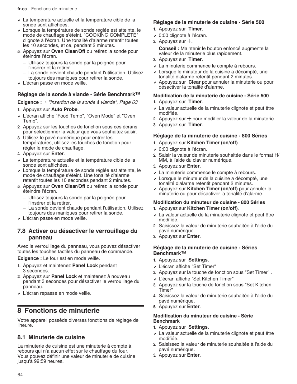 3 réglage de la sonde à viande - série benchmark, 8 activer ou désactiver le verrouillage du panneau, 8 fonctions de minuterie | 1 minuterie de cuisine, 1 réglage de la minuterie de cuisine - série 500, 2 réglage de la minuterie de cuisine - 800 séries, 1 modification du minuteur de cuisine - 800 séries, Activer ou désactiver le verrouillage du panneau | Bosch 500 Series 30 Inch Double Speed Combination Electric Wall Oven Use and Care Manual User Manual | Page 64 / 96