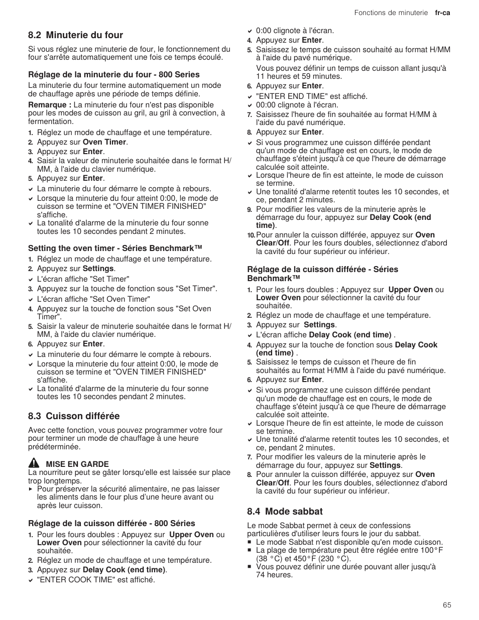 2 minuterie du four, 1 réglage de la minuterie du four - 800 series, 2 setting the oven timer - séries benchmark | 3 cuisson différée, 1 réglage de la cuisson différée - 800 séries, 4 mode sabbat | Bosch 500 Series 30 Inch Double Speed Combination Electric Wall Oven Use and Care Manual User Manual | Page 65 / 96