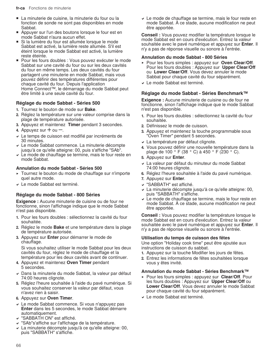 1 réglage du mode sabbat - séries 500, 1 annulation du mode sabbat - séries 500, 2 réglage du mode sabbat - 800 séries | 1 annulation du mode sabbat - 800 séries, 3 réglage du mode sabbat - séries benchmark, 1 utilisation du temps de cuisson des fêtes, 2 annulation du mode sabbat - séries benchmark | Bosch 500 Series 30 Inch Double Speed Combination Electric Wall Oven Use and Care Manual User Manual | Page 66 / 96