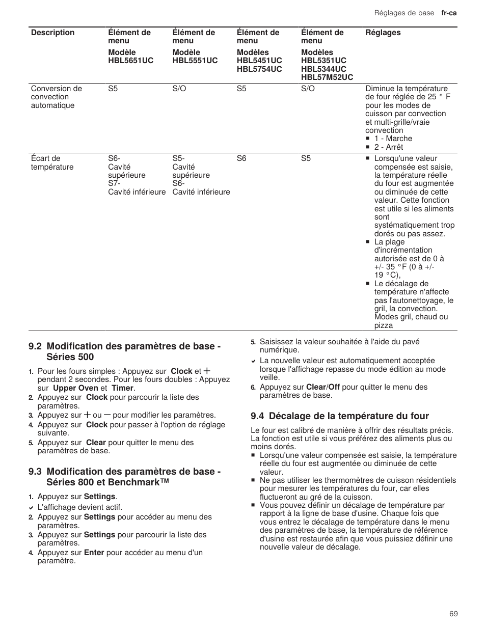 2 modification des paramètres de base - séries 500, 4 décalage de la température du four, 3 modification des paramètres de base - séries 800 | Bosch 500 Series 30 Inch Double Speed Combination Electric Wall Oven Use and Care Manual User Manual | Page 69 / 96