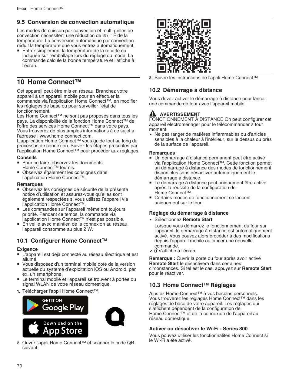 5 conversion de convection automatique, 10 home connect, 1 configurer home connect | 2 démarrage à distance, 1 réglage du démarrage à distance, 3 home connect™ réglages, 1 activer ou désactiver le wi-fi - séries 800 | Bosch 500 Series 30 Inch Double Speed Combination Electric Wall Oven Use and Care Manual User Manual | Page 70 / 96