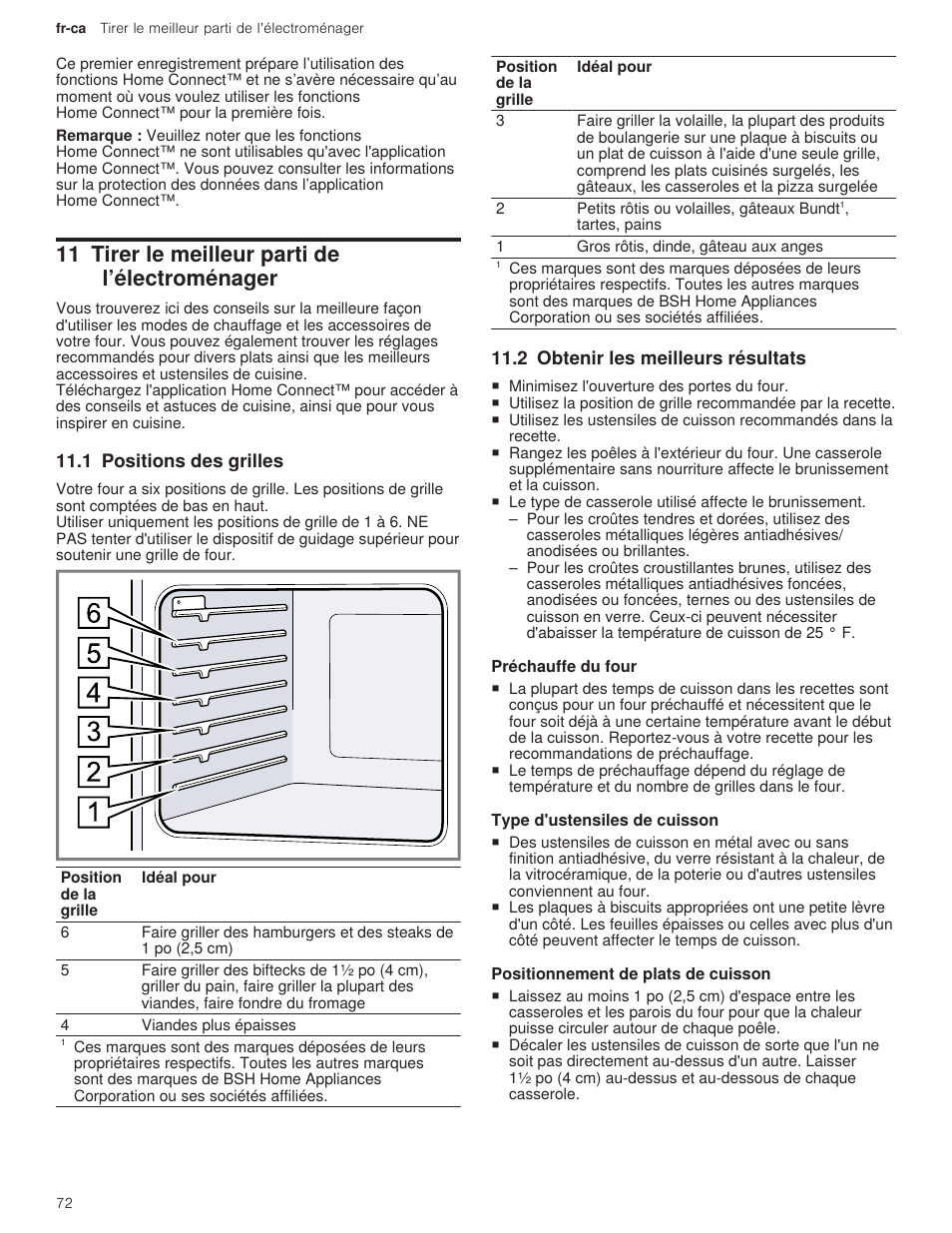 11 tirer le meilleur parti de l’électroménager, 1 positions des grilles, 2 obtenir les meilleurs résultats | 1 préchauffe du four, 2 type d'ustensiles de cuisson, 3 positionnement de plats de cuisson, La position de grille appropriée | Bosch 500 Series 30 Inch Double Speed Combination Electric Wall Oven Use and Care Manual User Manual | Page 72 / 96