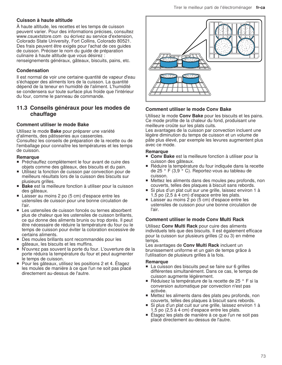 4 cuisson à haute altitude, 5 condensation, 3 conseils généraux pour les modes de chauffage | 1 comment utiliser le mode bake, 2 comment utiliser le mode conv bake, 3 comment utiliser le mode conv multi rack | Bosch 500 Series 30 Inch Double Speed Combination Electric Wall Oven Use and Care Manual User Manual | Page 73 / 96