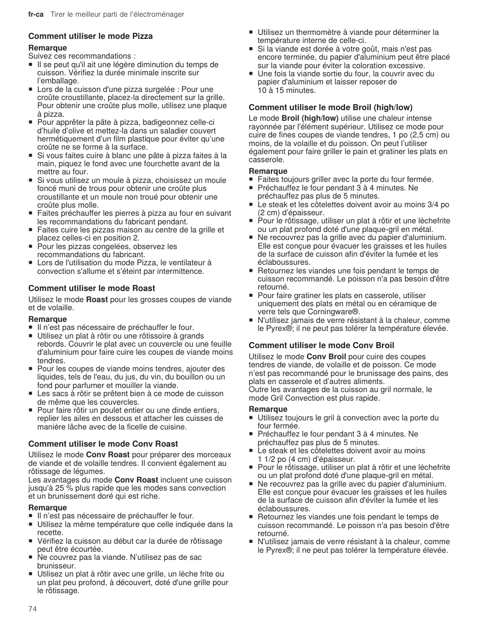 4 comment utiliser le mode pizza, 5 comment utiliser le mode roast, 6 comment utiliser le mode conv roast | 7 comment utiliser le mode broil (high/low), 8 comment utiliser le mode conv broil | Bosch 500 Series 30 Inch Double Speed Combination Electric Wall Oven Use and Care Manual User Manual | Page 74 / 96