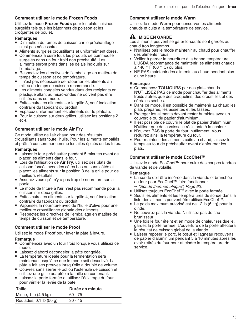 9 comment utiliser le mode frozen foods, 10 comment utiliser le mode air fry, 11 comment utiliser le mode proof | 12 comment utiliser le mode warm, 13 comment utiliser le mode ecochef | Bosch 500 Series 30 Inch Double Speed Combination Electric Wall Oven Use and Care Manual User Manual | Page 75 / 96