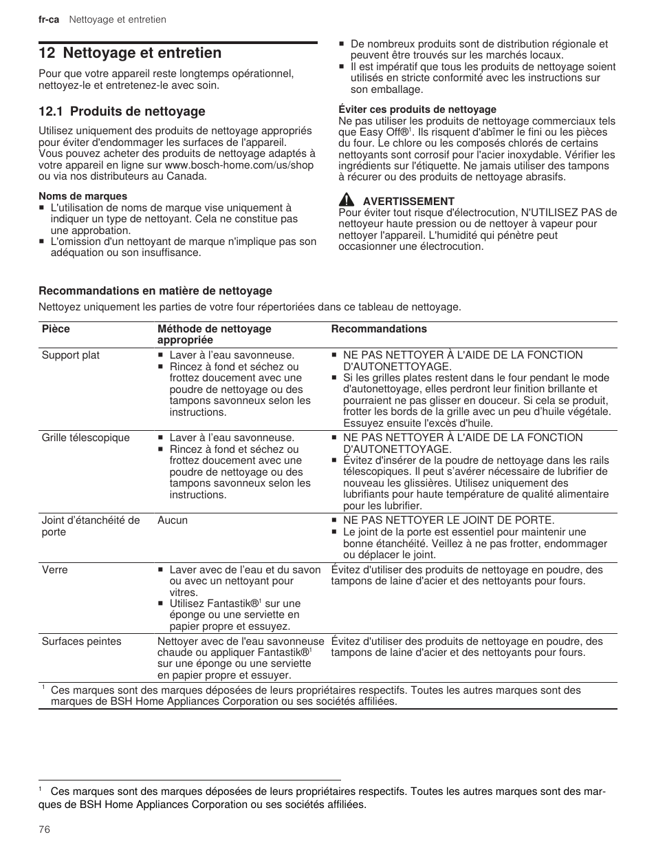 12 nettoyage et entretien, 1 produits de nettoyage, 1 recommandations en matière de nettoyage | Bosch 500 Series 30 Inch Double Speed Combination Electric Wall Oven Use and Care Manual User Manual | Page 76 / 96