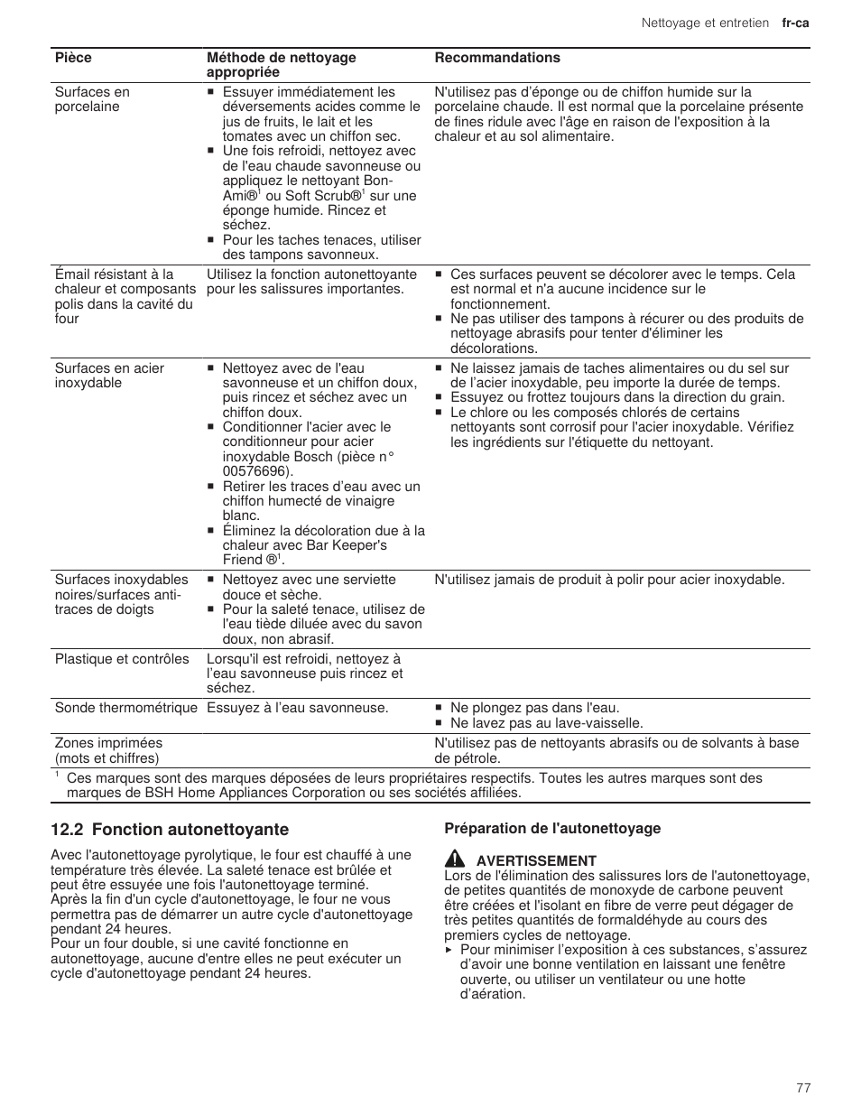 2 fonction autonettoyante, 1 préparation de l'autonettoyage | Bosch 500 Series 30 Inch Double Speed Combination Electric Wall Oven Use and Care Manual User Manual | Page 77 / 96