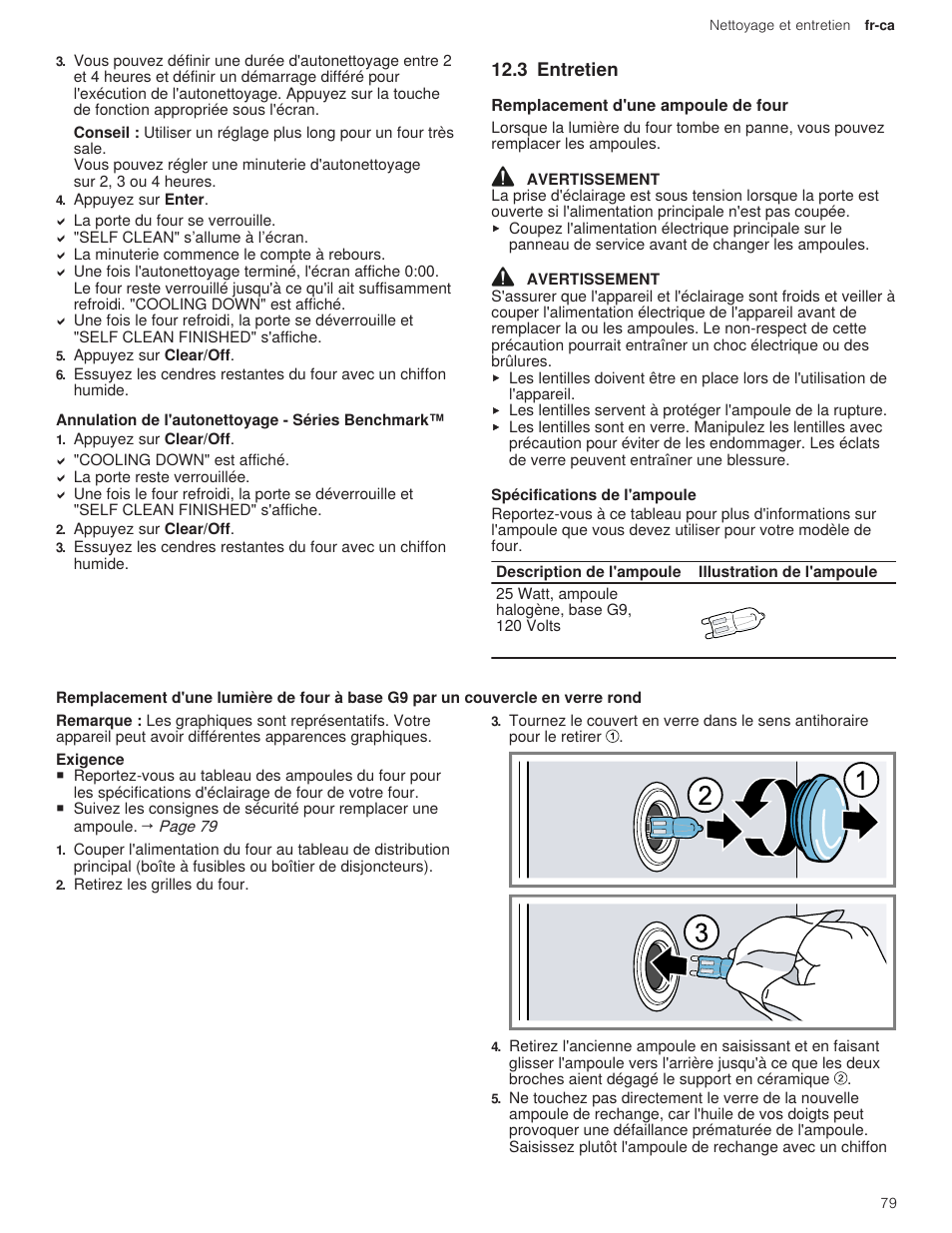 1 annulation de l'autonettoyage - séries benchmark, 3 entretien, 1 remplacement d'une ampoule de four | 1 spécifications de l'ampoule | Bosch 500 Series 30 Inch Double Speed Combination Electric Wall Oven Use and Care Manual User Manual | Page 79 / 96