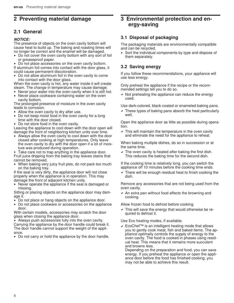 2 preventing material damage, 1 general, 3 environmental protection and energy-saving | 1 disposal of packaging, 2 saving energy, 3 environmental protection and en- ergy-saving | Bosch 500 Series 30 Inch Double Speed Combination Electric Wall Oven Use and Care Manual User Manual | Page 8 / 96