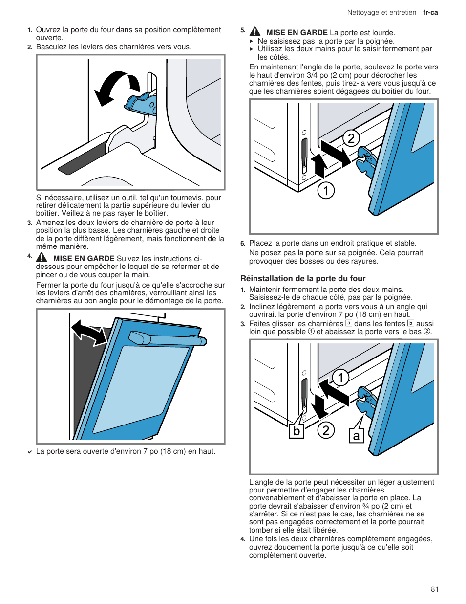 3 réinstallation de la porte du four | Bosch 500 Series 30 Inch Double Speed Combination Electric Wall Oven Use and Care Manual User Manual | Page 81 / 96