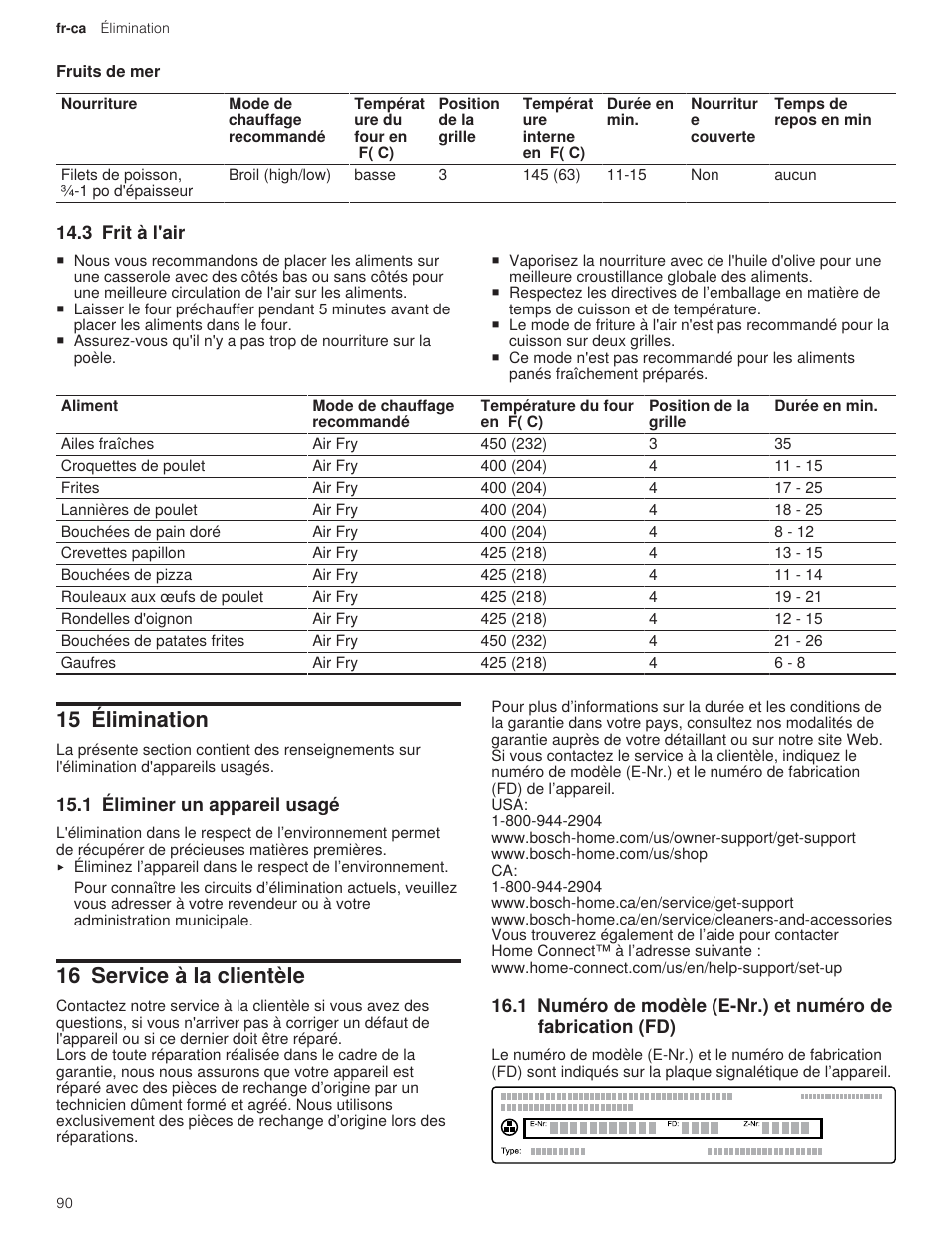 5 fruits de mer, 3 frit à l'air, 15 élimination | 1 éliminer un appareil usagé, 16 service à la clientèle | Bosch 500 Series 30 Inch Double Speed Combination Electric Wall Oven Use and Care Manual User Manual | Page 90 / 96