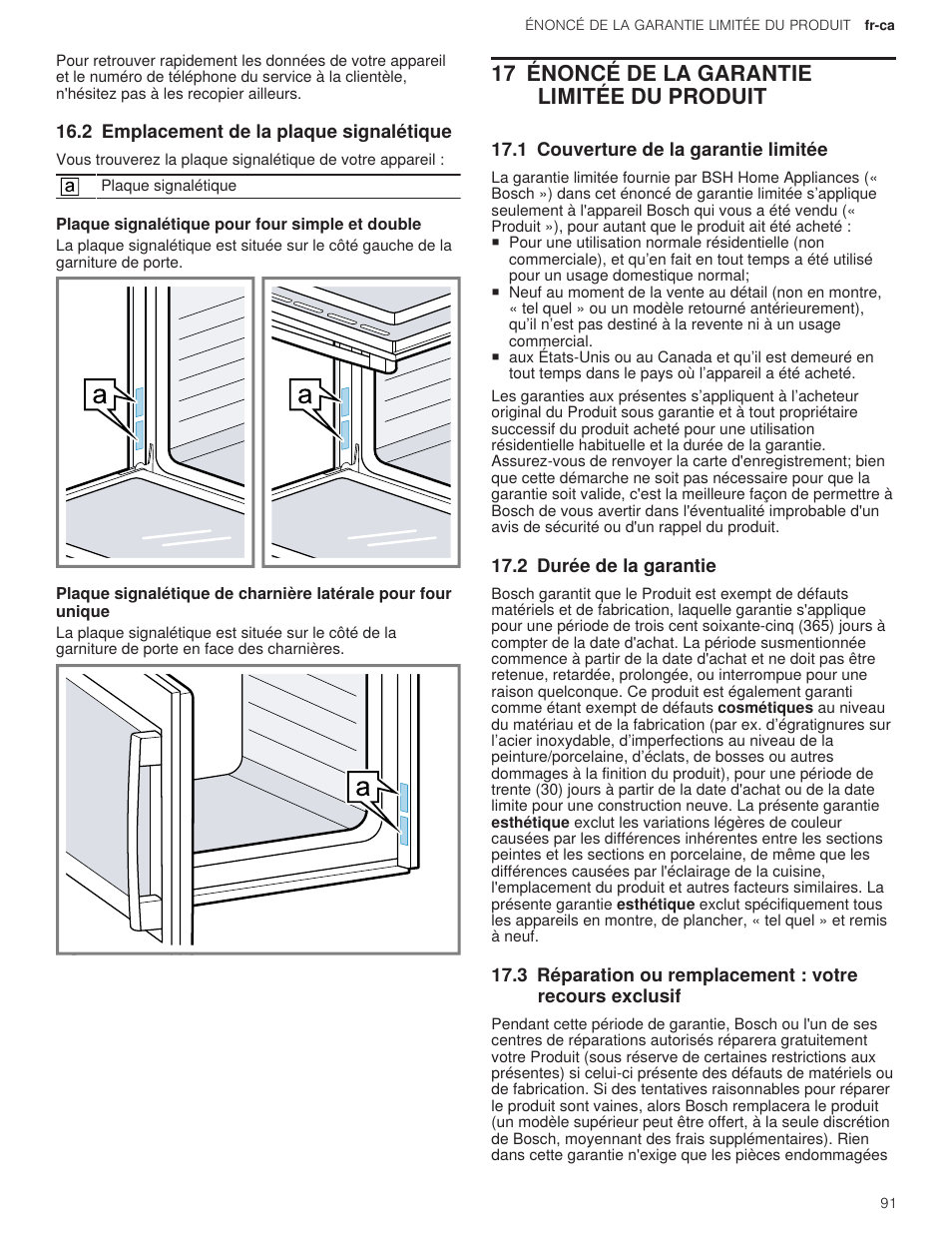 2 emplacement de la plaque signalétique, 1 plaque signalétique pour four simple et double, 17 énoncé de la garantie limitée du produit | 1 couverture de la garantie limitée, 2 durée de la garantie, 17 énoncé de la garantie limitée du | Bosch 500 Series 30 Inch Double Speed Combination Electric Wall Oven Use and Care Manual User Manual | Page 91 / 96