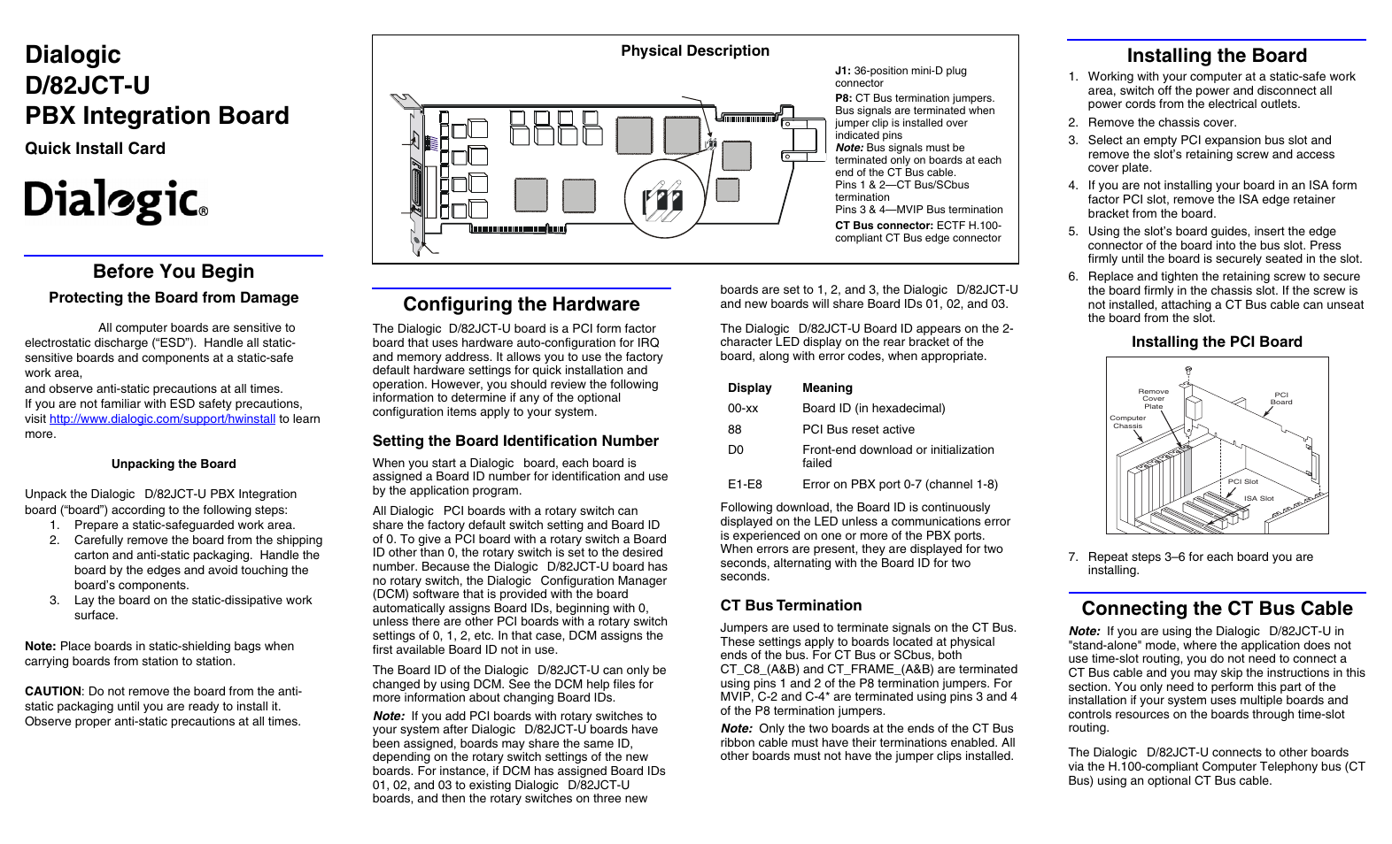 Dialogic PBX Integration Board D/82JCT-U User Manual | 2 pages