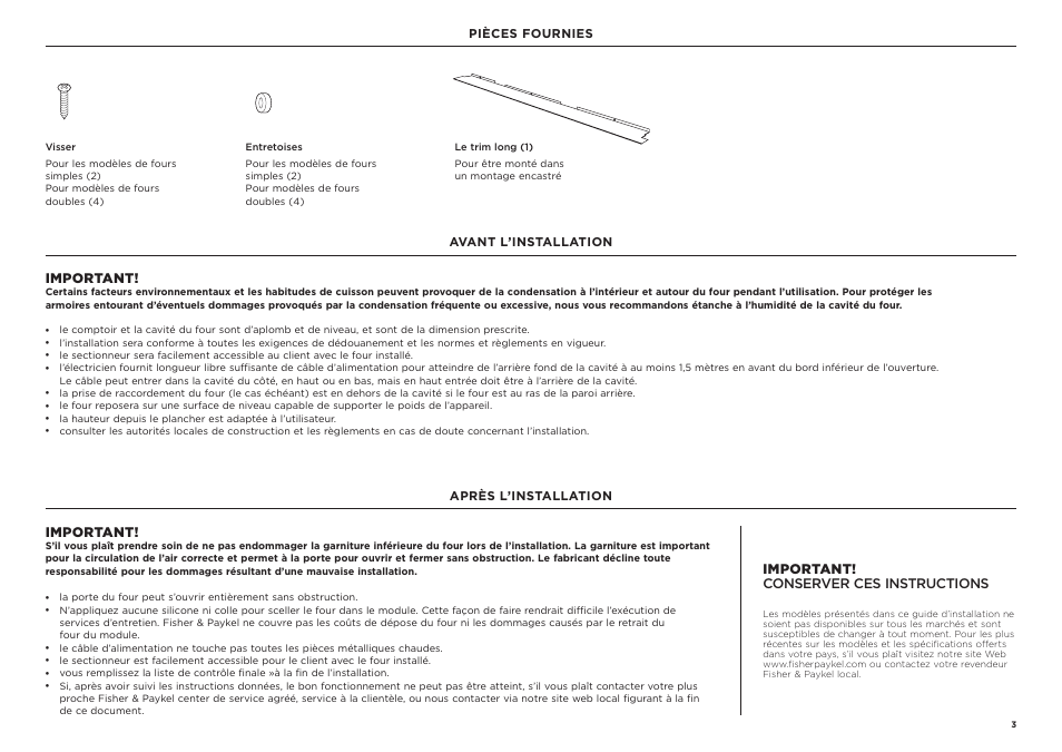 Important, Important! conserver ces instructions | Fisher & Paykel Series 9 Professional Series 30 Inch Double Convection Smart Electric Wall Oven Installation Guide User Manual | Page 17 / 28