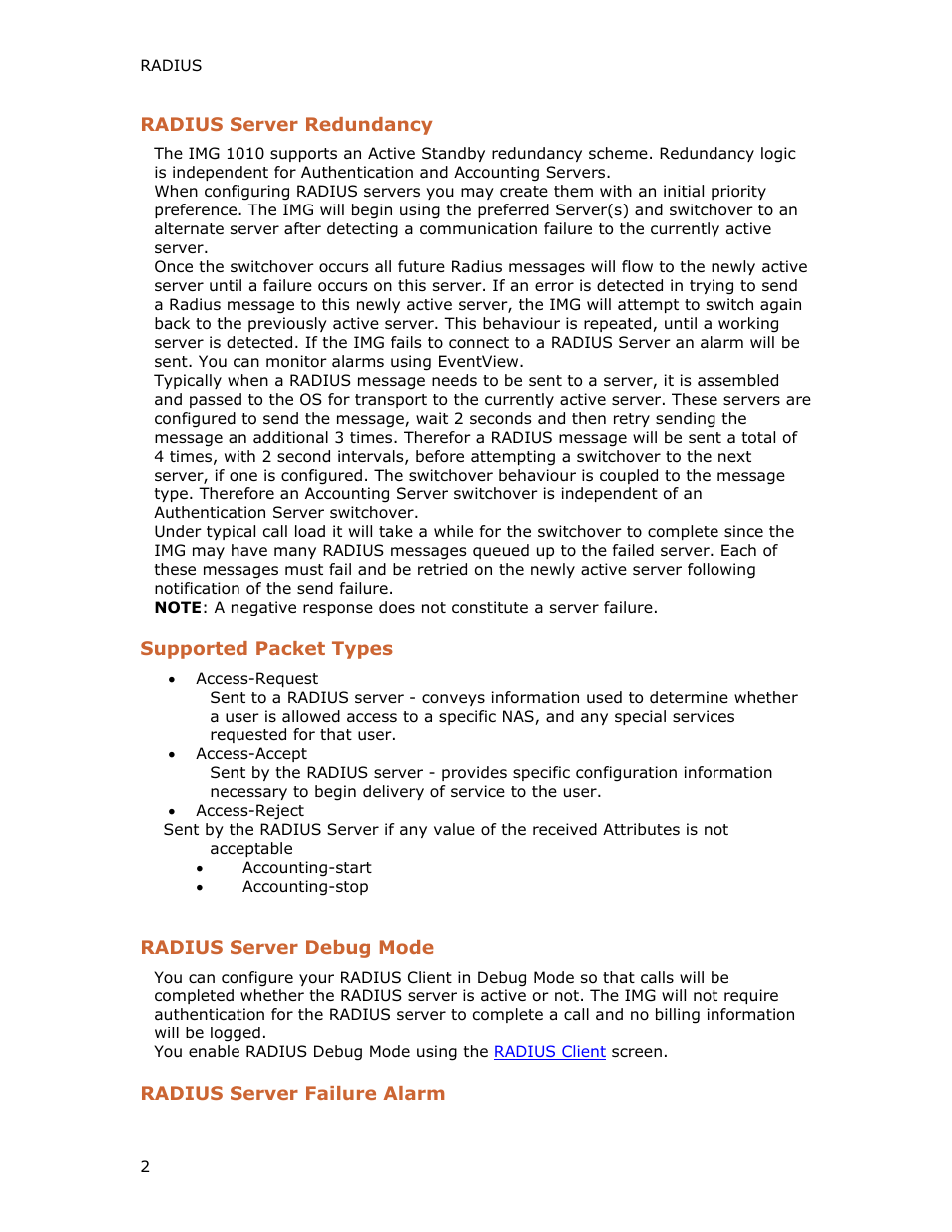 Radius server redundancy, Supported packet types, Radius server debug mode | Radius server failure alarm | Dialogic INTEGRATED MEDIA GATEWAYS 1010 User Manual | Page 12 / 73