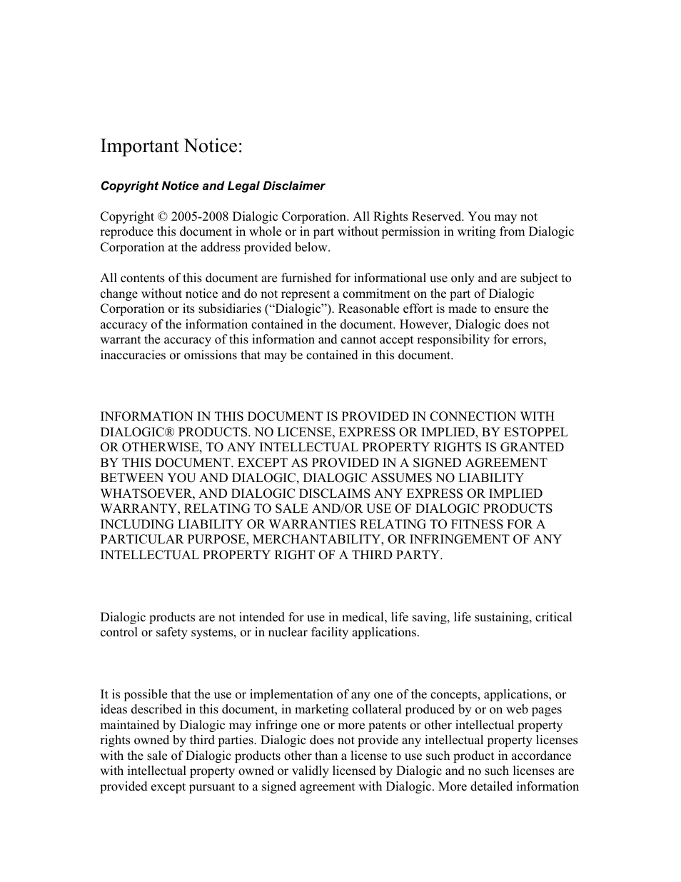 Important notice | Dialogic INTEGRATED MEDIA GATEWAYS 1010 User Manual | Page 2 / 73