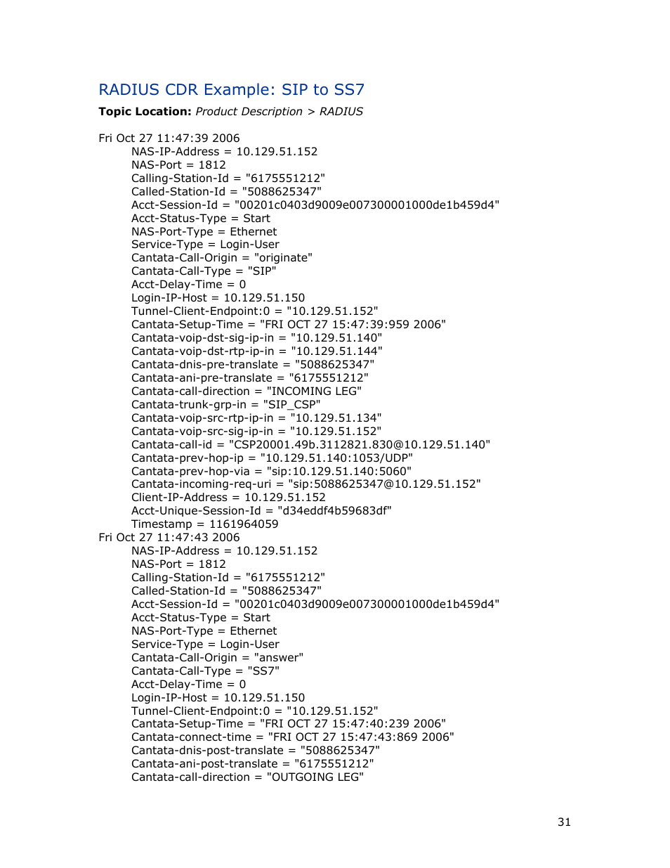 Radius cdr example: sip to ss7 | Dialogic INTEGRATED MEDIA GATEWAYS 1010 User Manual | Page 41 / 73