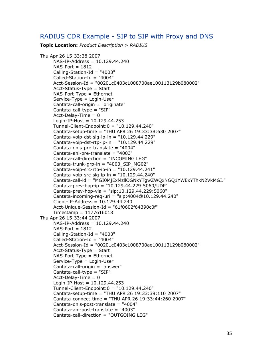 Radius cdr example - sip to sip with proxy and dns | Dialogic INTEGRATED MEDIA GATEWAYS 1010 User Manual | Page 45 / 73