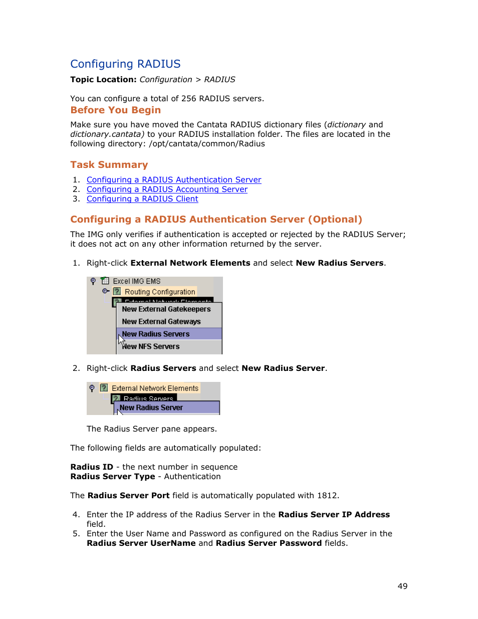 Configuring radius, Before you begin, Task summary | Dialogic INTEGRATED MEDIA GATEWAYS 1010 User Manual | Page 59 / 73