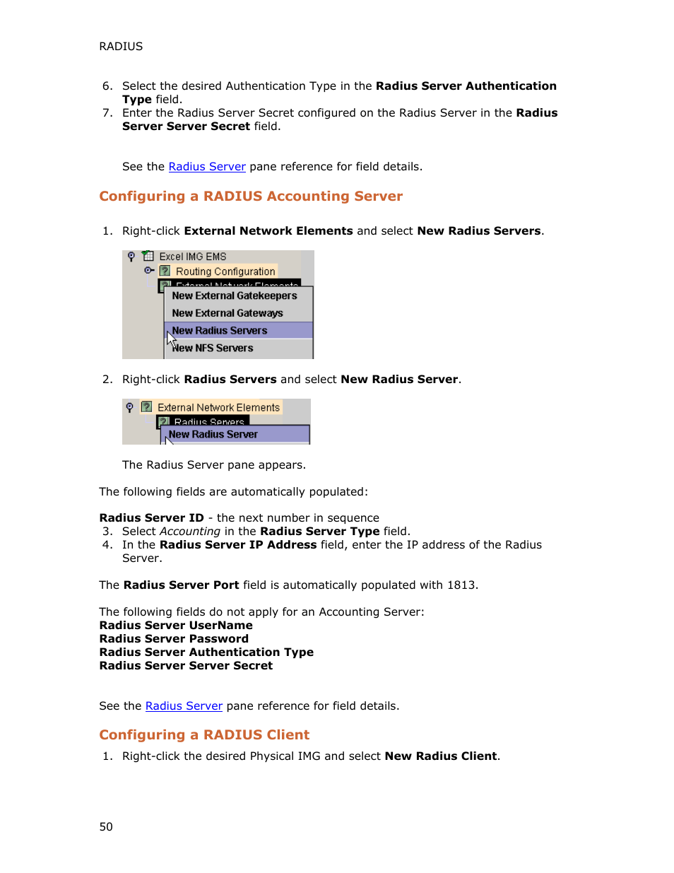 Configuring a radius accounting server, Configuring a radius client | Dialogic INTEGRATED MEDIA GATEWAYS 1010 User Manual | Page 60 / 73