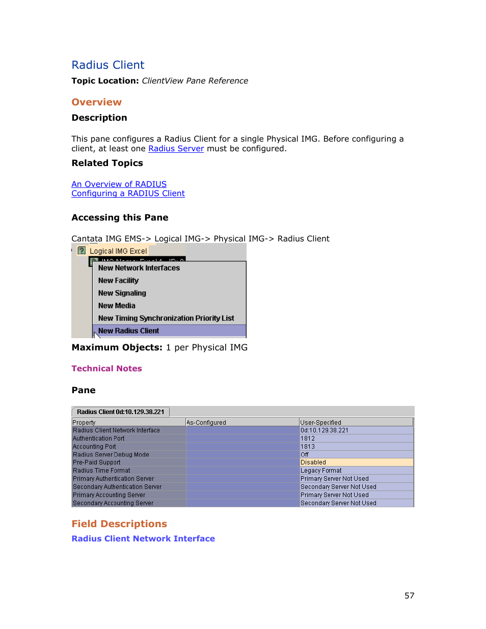 Radius client, Overview, Field descriptions | Dialogic INTEGRATED MEDIA GATEWAYS 1010 User Manual | Page 67 / 73