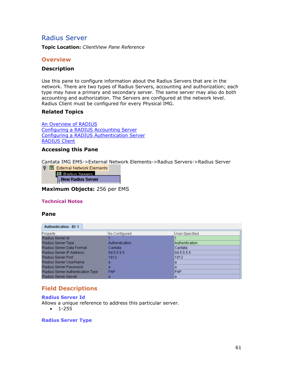 Radius server, Overview, Field descriptions | Dialogic INTEGRATED MEDIA GATEWAYS 1010 User Manual | Page 71 / 73