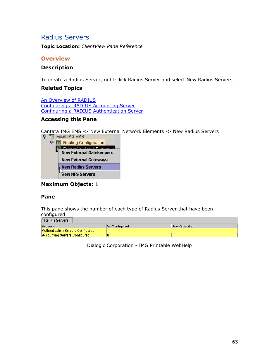Radius servers, Overview | Dialogic INTEGRATED MEDIA GATEWAYS 1010 User Manual | Page 73 / 73