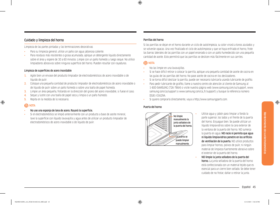 Cuidado y limpieza del horno | Samsung 30 Inch Microwave Combination Smart Wall Oven Owner Manual User Manual | Page 105 / 180